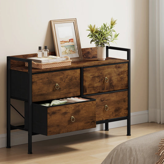 Chest of Drawers Wardrobe 4 Fabric Drawers Storage Organizer Cabinet Sideboard for Bedroom Living Room Vintage Brown Dresser
